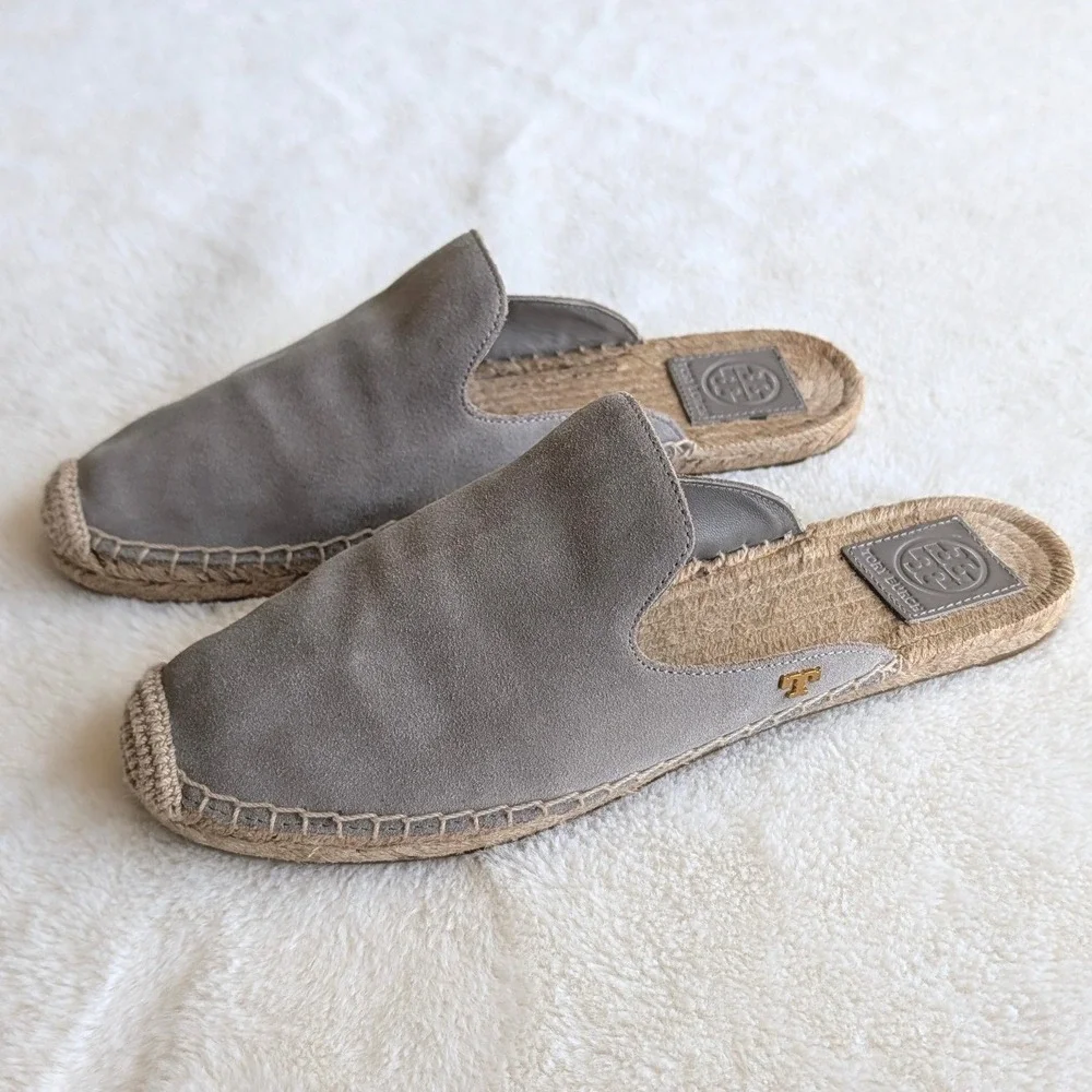 Tory Burch Gray Suede Espadrille Mules Slip On Flats Logo Gray Women Size 9